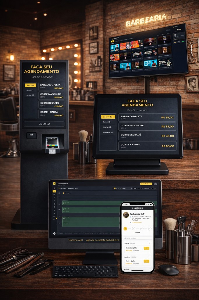 BarberHub — totem, tablet, TV e app do cliente em uma barbearia