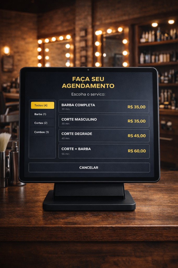 Tablet de auto-atendimento sobre o balcão da barbearia